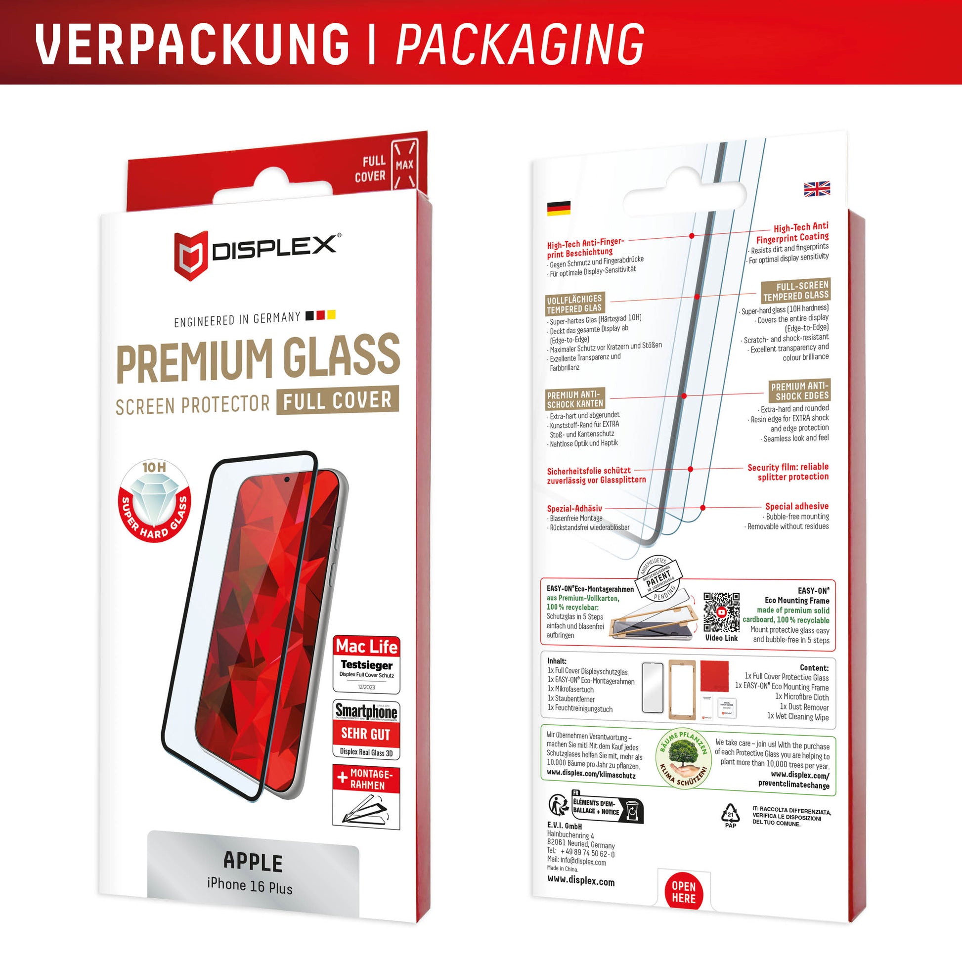 Displex Displayschutz (Panzerglas), Full Cover – für iPhone 16 Plus – mit Applikator