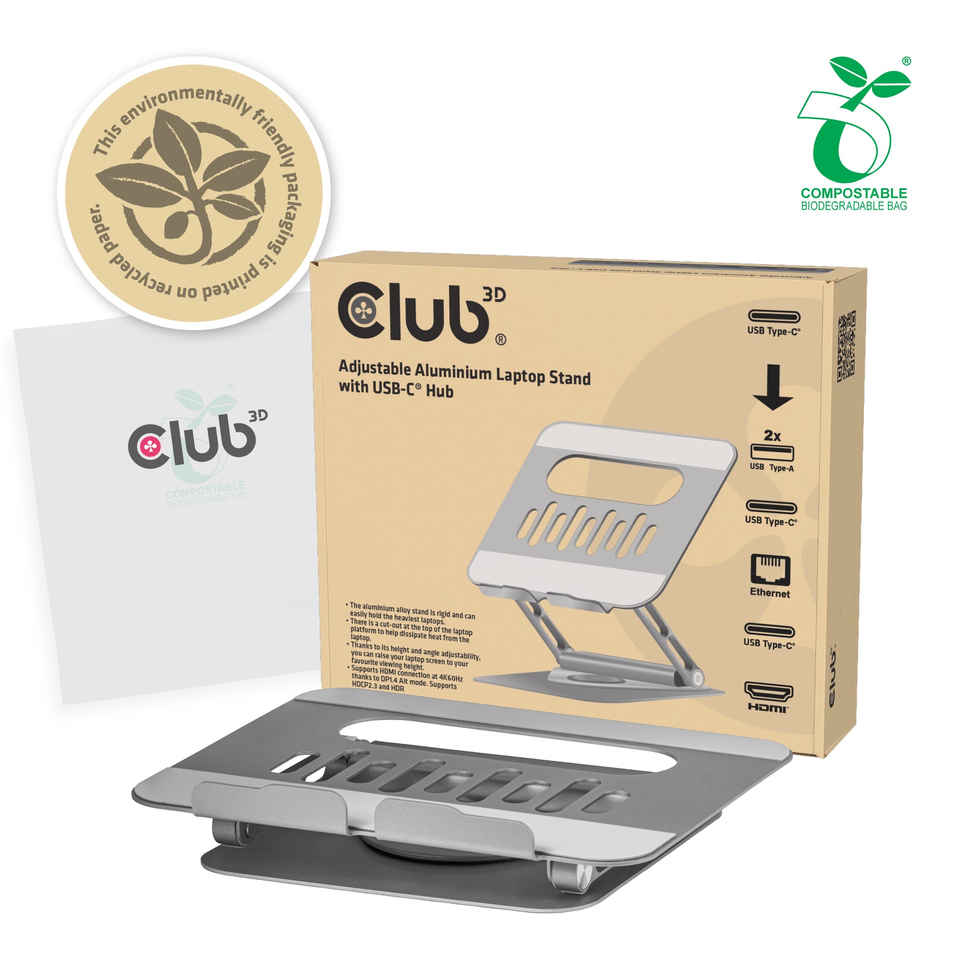 CLUB3D Laptop-Ständer – bis 17,3", höhenverstellbar, mit USB-C-Hub 100 W – Grau