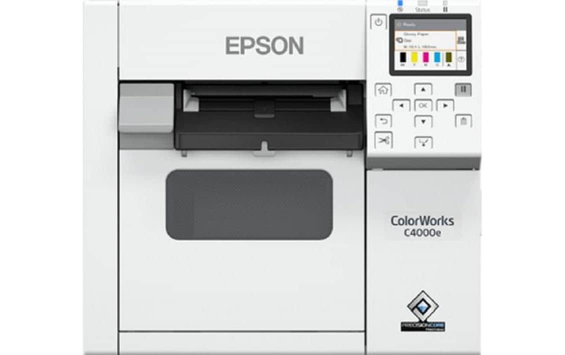 Epson C4000e – Farbetikettendrucker, Tintenstrahl, bis 108 mm, 1200 × 1200 dpi, USB, LAN, Auto-Cutter