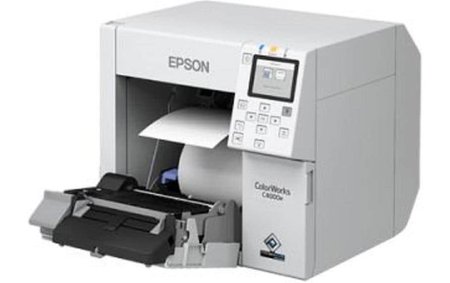 Epson C4000e – Farbetikettendrucker, Tintenstrahl, bis 108 mm, 1200 × 1200 dpi, USB, LAN, Auto-Cutter