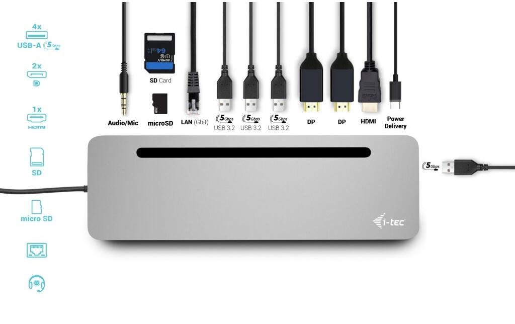 i-tec Dockingstation – USB-C, 2× DP, 1× HDMI, 4× USB-A, 1× USB-C, 100 W PD, GbE, für Windows/Mac
