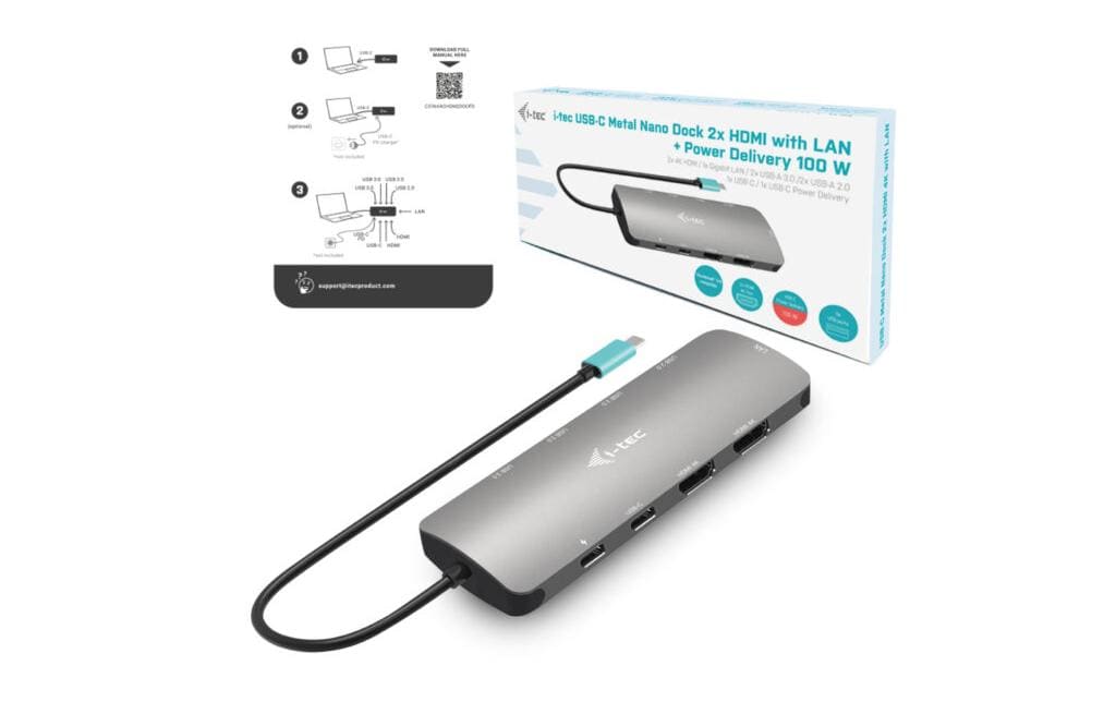 i-tec Metal Nano Dockingstation – USB-C, 2× HDMI, 4× USB-A, 100 W PD, GbE, für Windows/Mac/ChromeOS