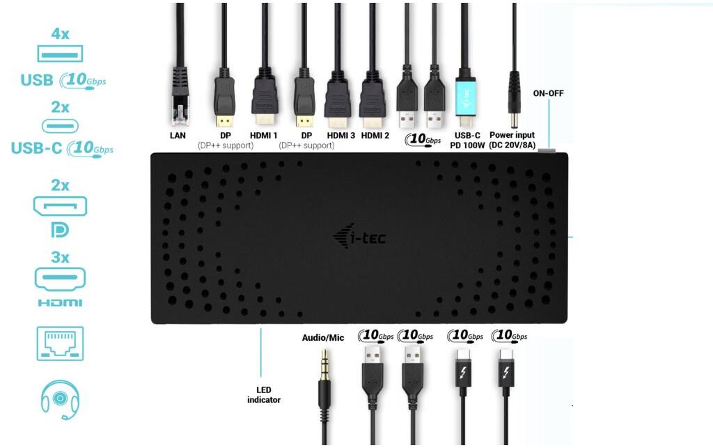 i-tec Dockingstation – USB-C, 2× DP, 3× HDMI, 4× USB-A, 2× USB-C, 100 W PD, GbE