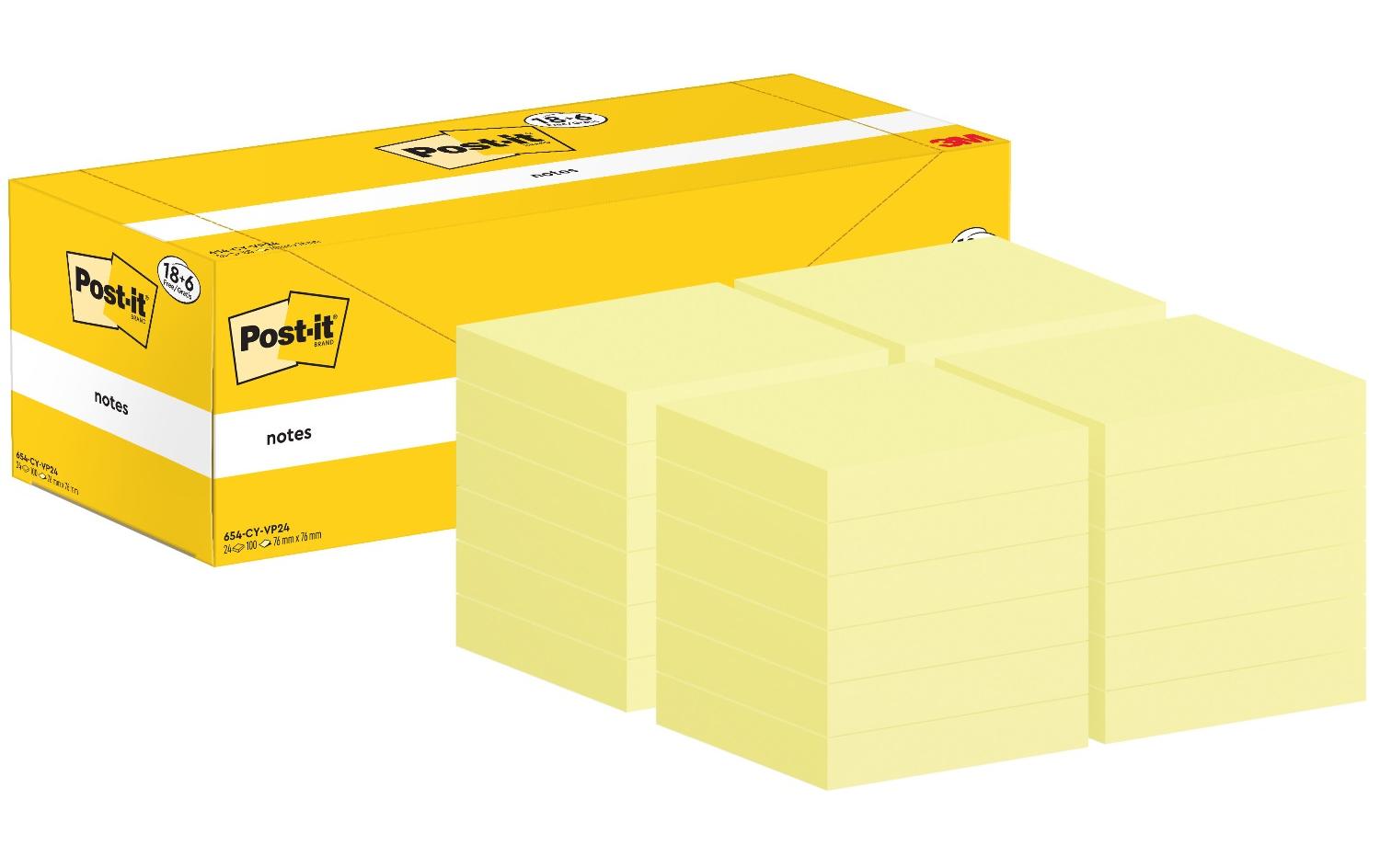 Post-it Haftnotizen – 76 × 76 mm – Gelb, 100 Blatt/Block, 24er-Pack, PEFC