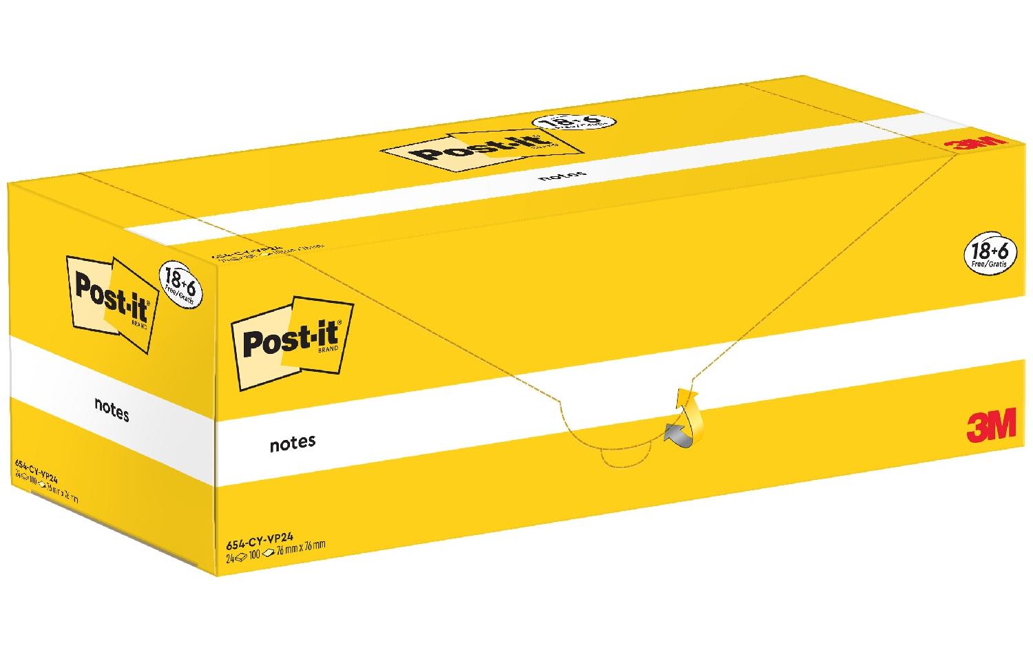 Post-it Haftnotizen – 76 × 76 mm – Gelb, 100 Blatt/Block, 24er-Pack, PEFC