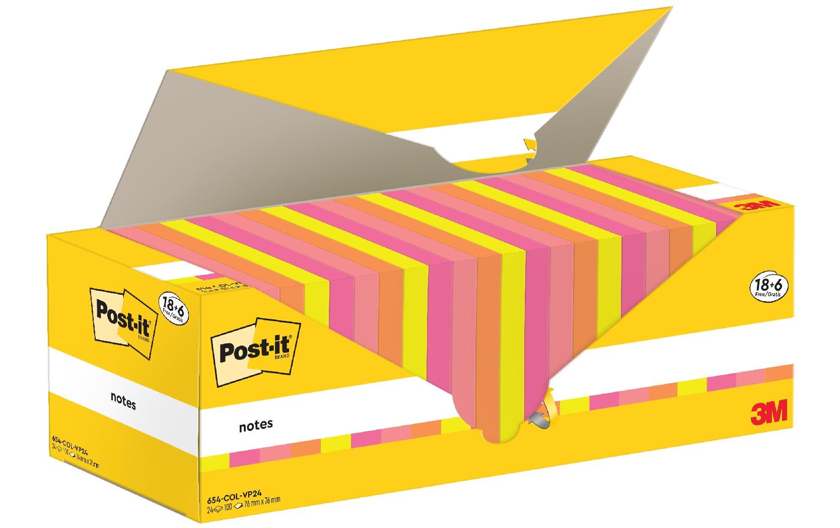 Post-it Haftnotizen – 76 × 76 mm – Mehrfarbig, 100 Blatt/Block, 24er-Pack, PEFC