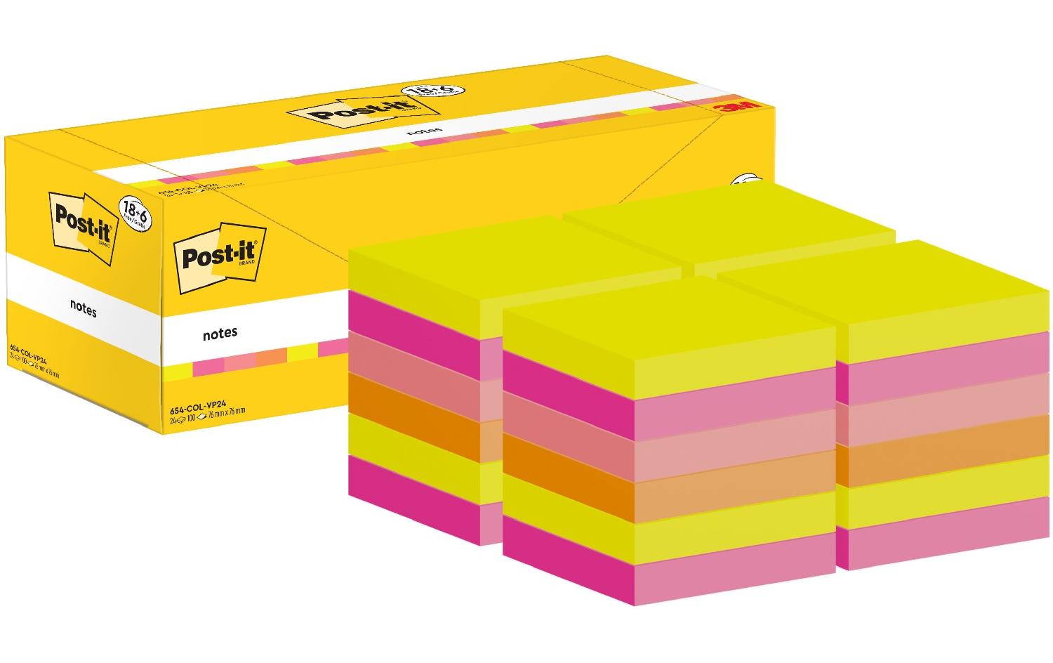 Post-it Haftnotizen – 76 × 76 mm – Mehrfarbig, 100 Blatt/Block, 24er-Pack, PEFC
