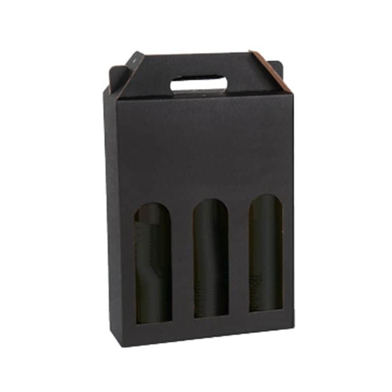 Brieger Weinpräsentkarton, aussen schwarz, innen braun – 81 × 335 × 243 mm – für 3 Flaschen