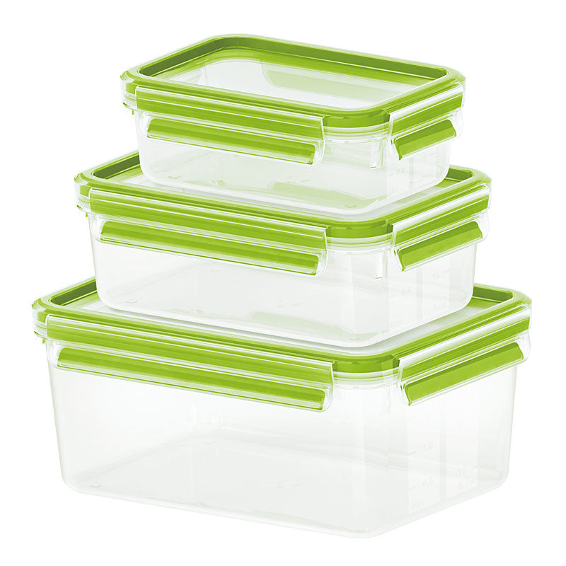 Emsa – Vorratsdose 550 ml/1 l/2,3 l, 16,7 × 22,6 × 9,9 cm, Kunststoff, Transparent/Grün, Leckdicht, 3-teilig
