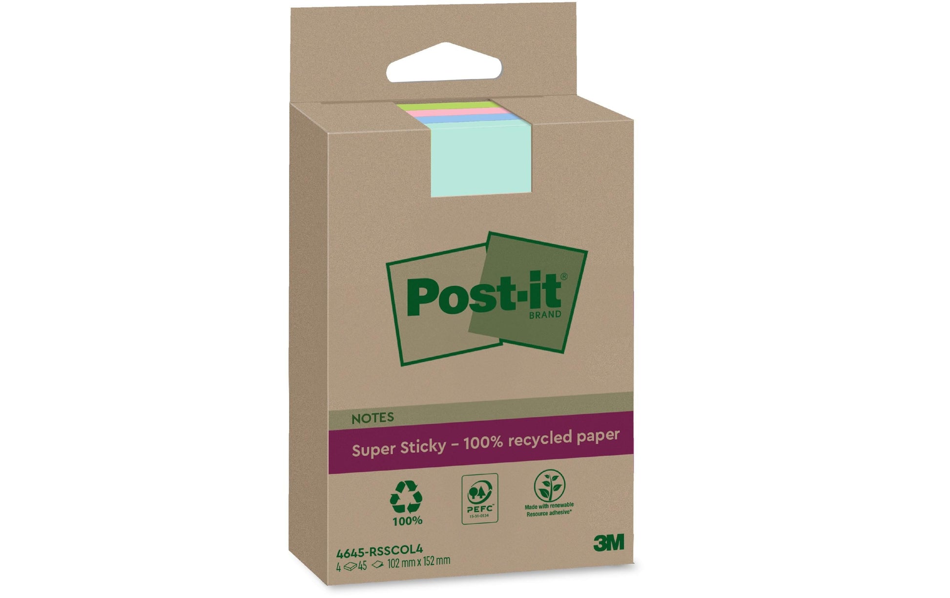 Post-it Haftnotizen – 102 × 152 mm – mehrfarbig, liniert, 45 Blatt/Block, 4er-Pack, PEFC, 100% Recycling