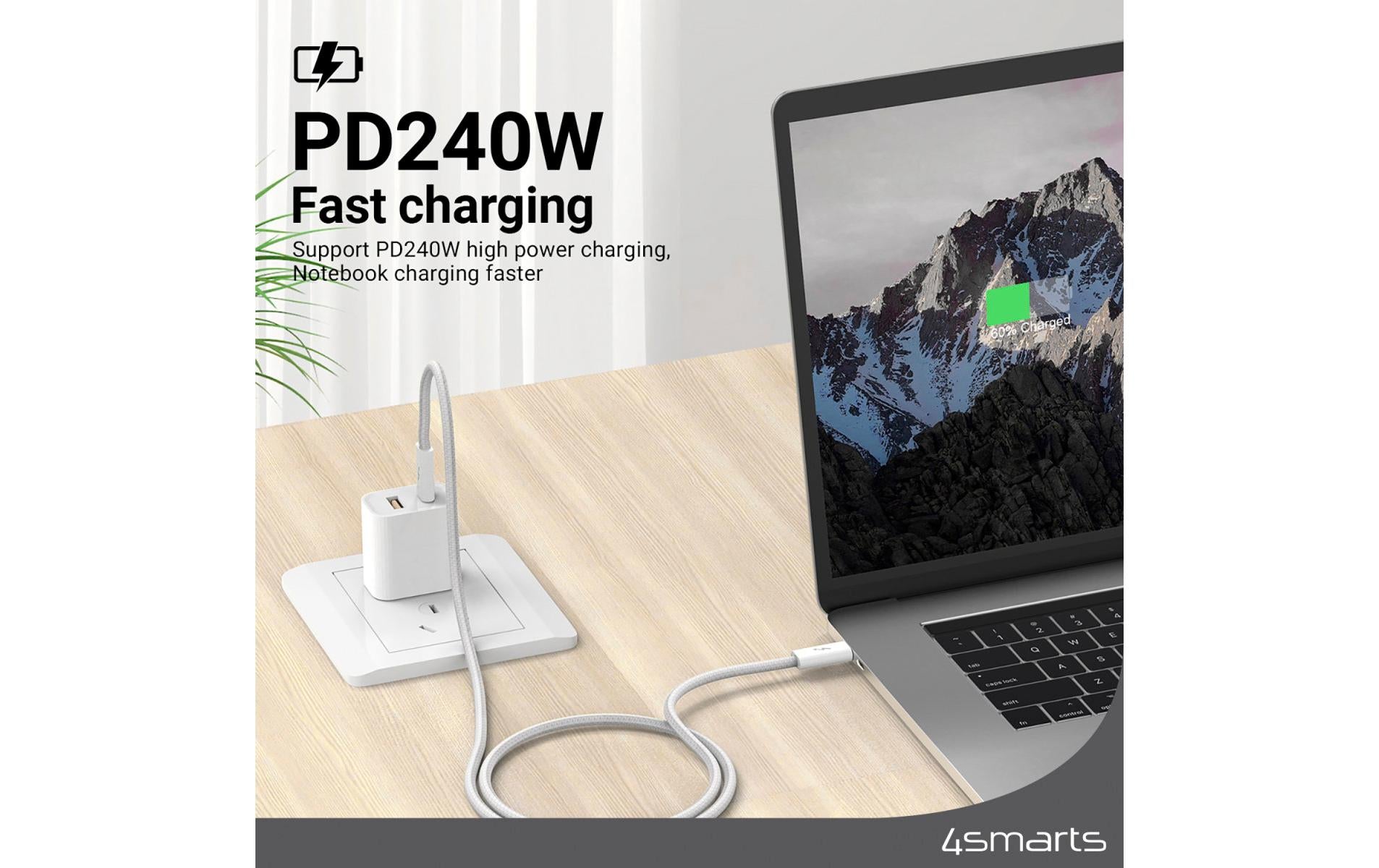 4smarts USB-C auf USB-C Kabel – USB 3.2 Gen 2 (10 Gbit/s) – 1,5 m – PD 240 W – Geflochten – Weiss