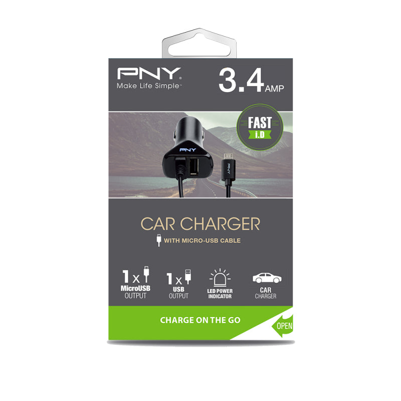 PNY P-DC-UU-K01-04-RB Auto-Ladegerät – USB-A×2 – Kabel 1,2 m, für universelle USB-Geräte, schwarz