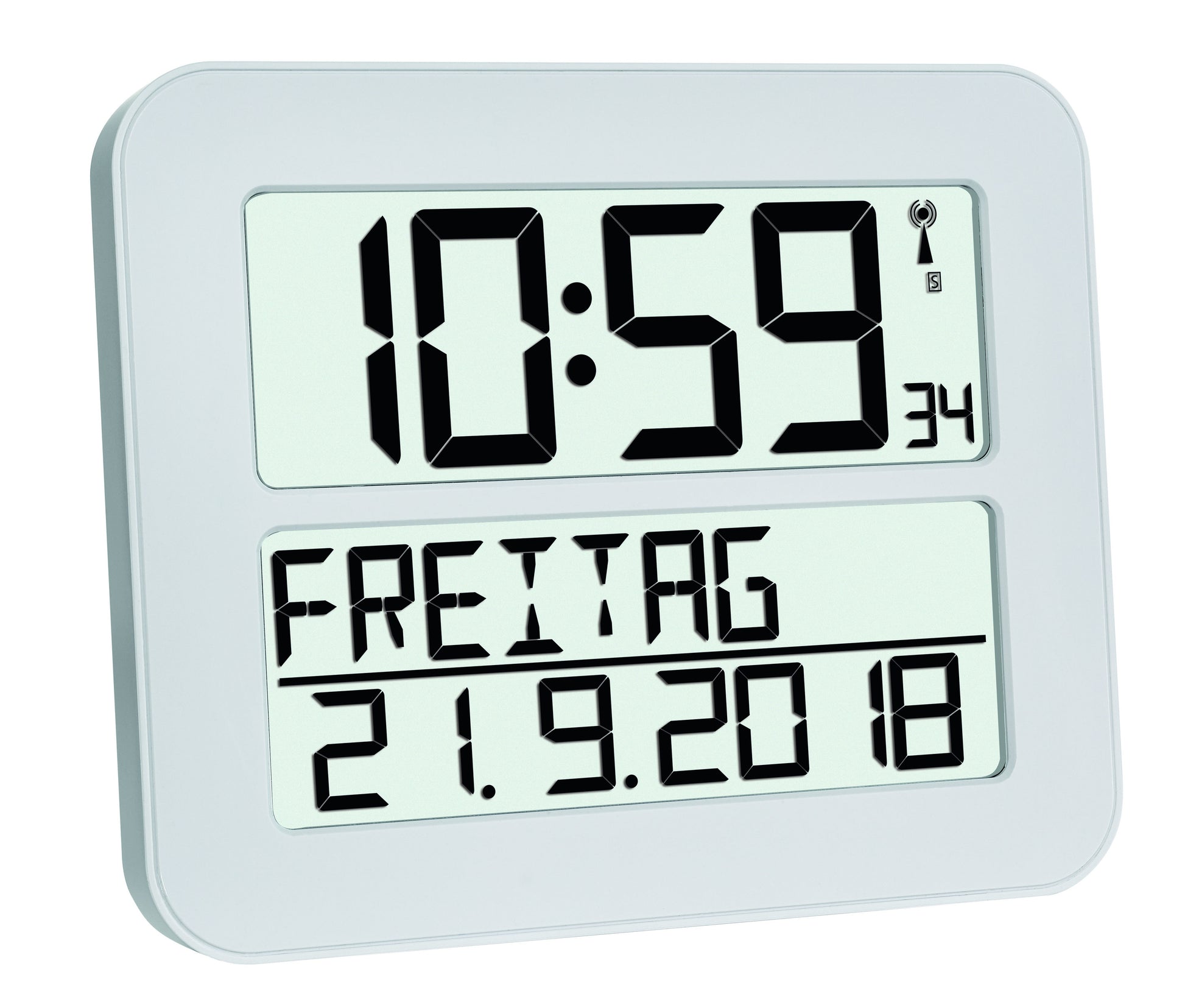 TFA-Dostmann Wecker TimeLine MAX – Funk – Digital – 25,8 × 21,2 × 3,0 cm, Weiss, Kunststoff, Schlummerfunktion, Datum