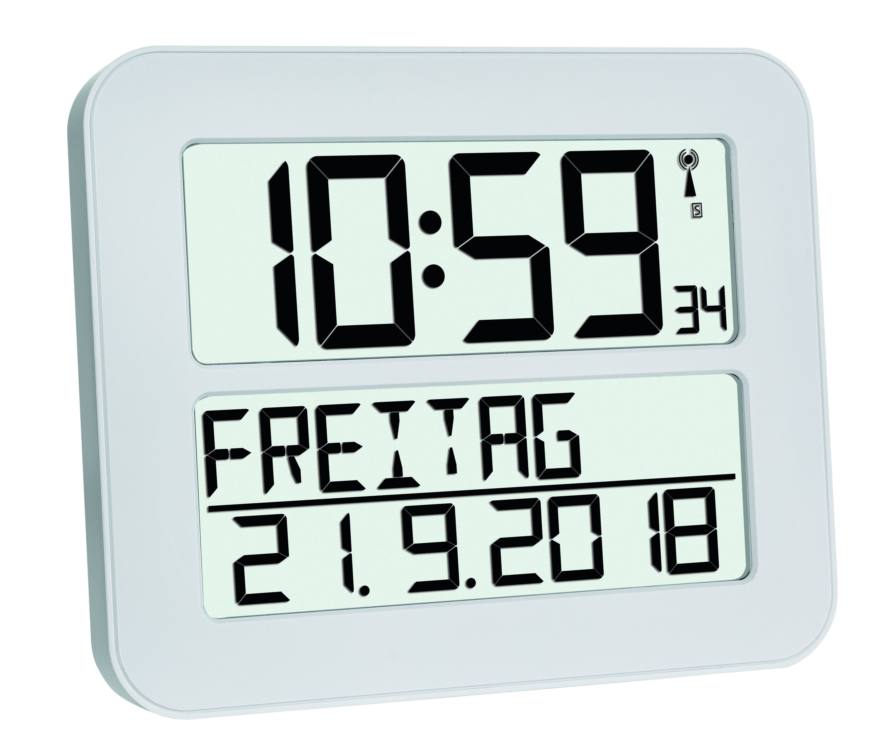 TFA-Dostmann Wecker TimeLine MAX – Funk – Digital – 25,8 × 21,2 × 3,0 cm, Weiss, Kunststoff, Schlummerfunktion, Datum