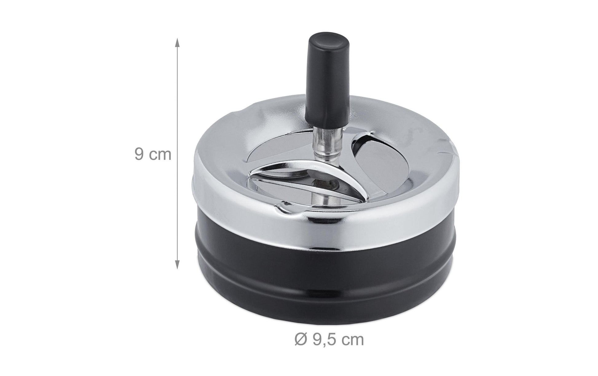 Relaxdays Aschenbecher mit Drehdeckel – Silber/Schwarz – Ø 9,5 cm × 9 cm – Metall – 1 Stk