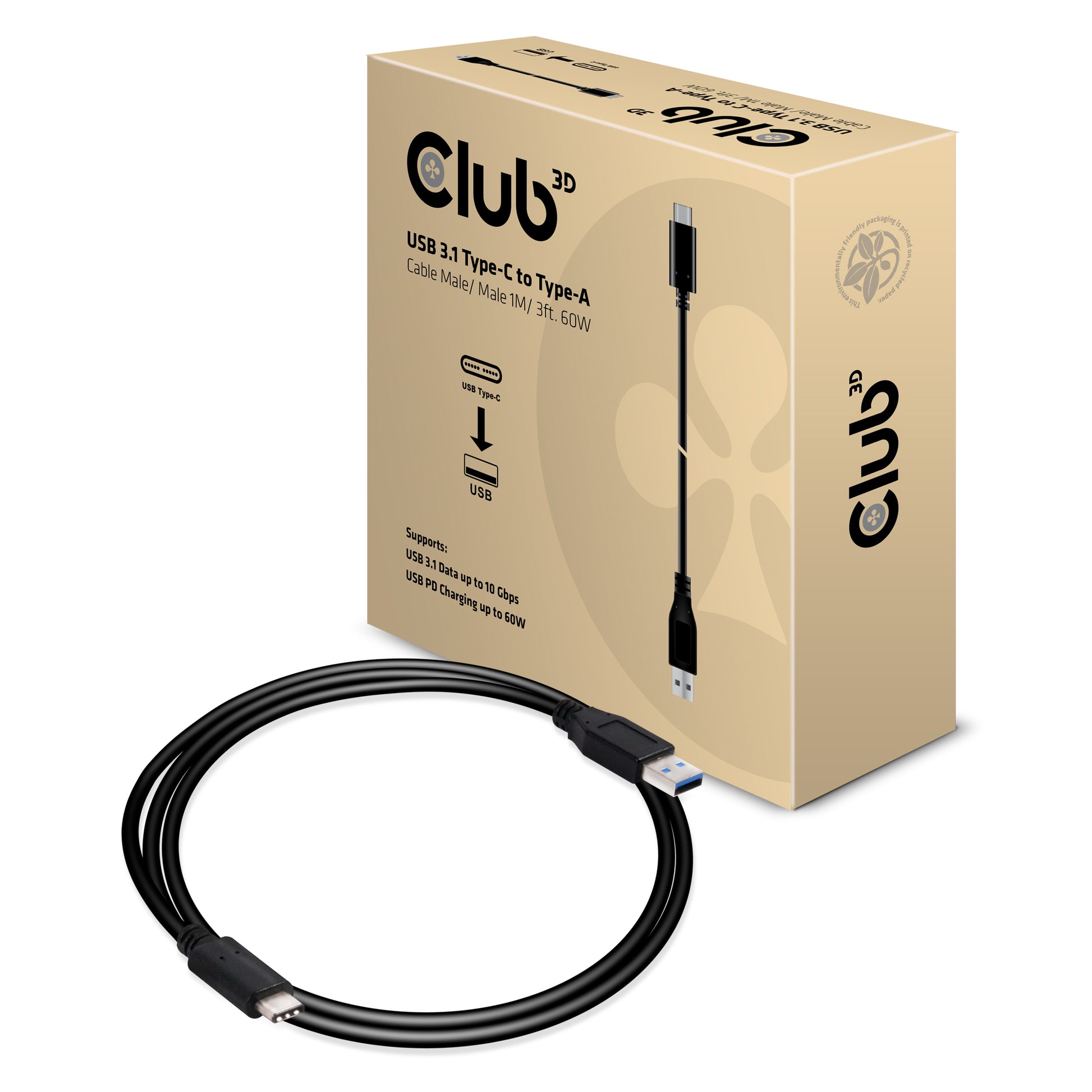 CLUB3D Club 3D – USB-C auf USB-A Kabel – USB 3.2 Gen 2 (10 Gbit/s) – 1 m – PD 60 W – E-Marker – für USB-C Geräte