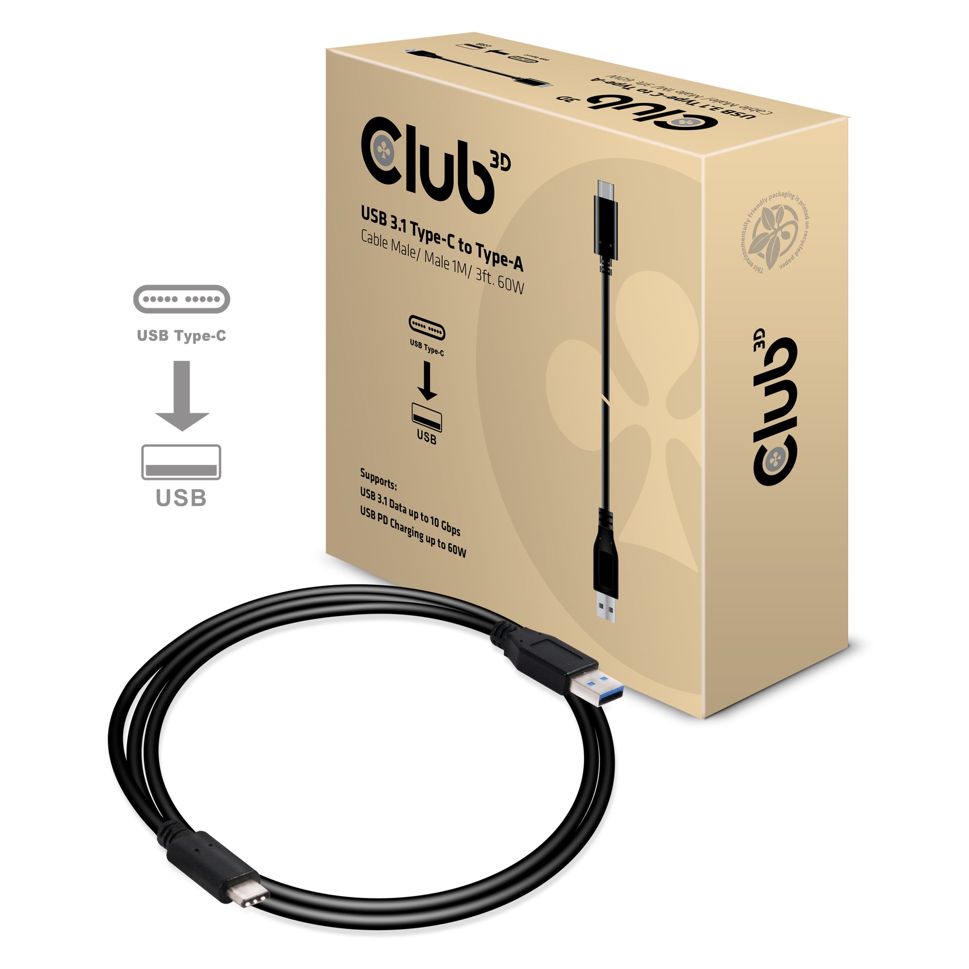 CLUB3D Club 3D – USB-C auf USB-A Kabel – USB 3.2 Gen 2 (10 Gbit/s) – 1 m – PD 60 W – E-Marker – für USB-C Geräte