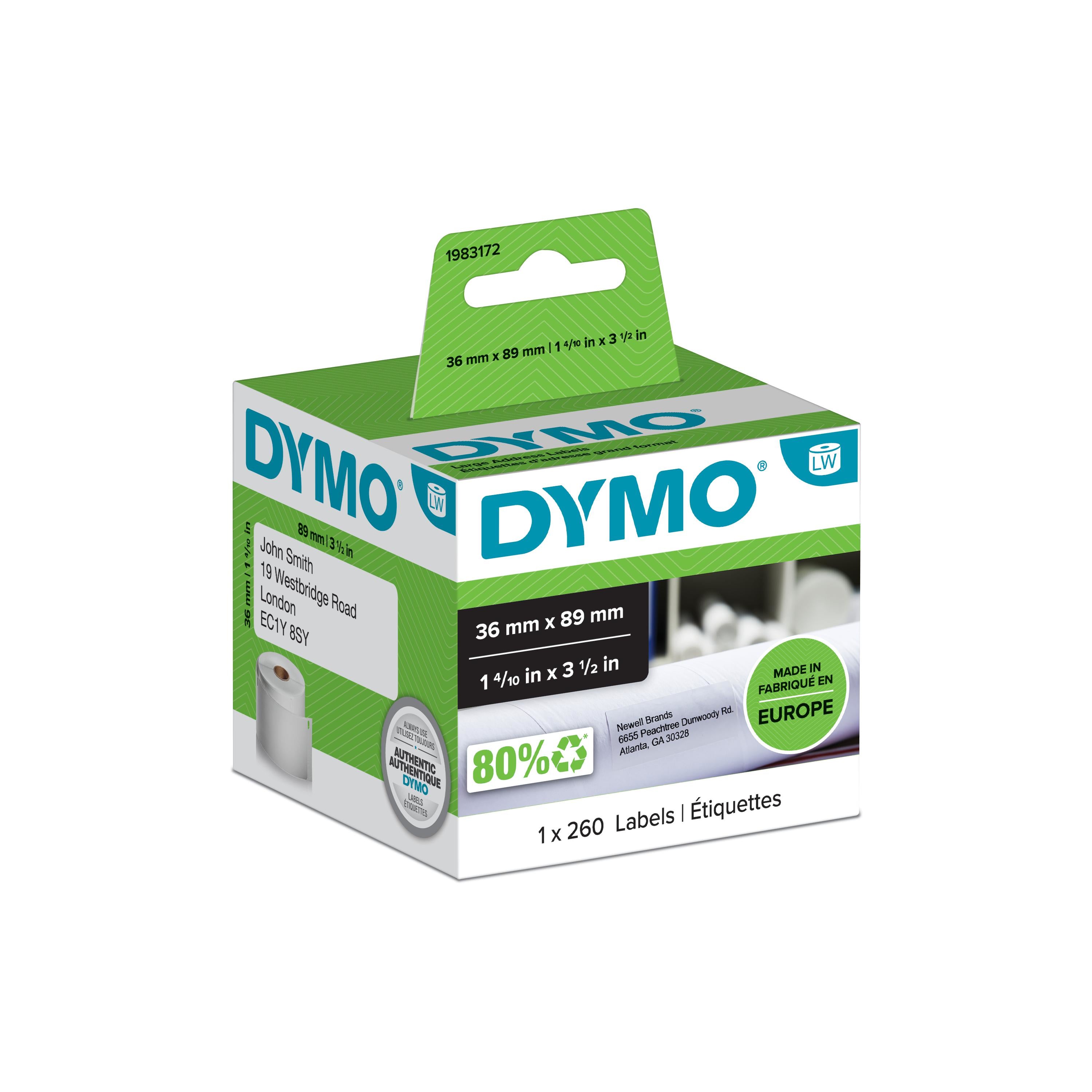 DYMO Endlos-Kartonschilder Adresse, 89 mm × 36 mm, weiss, für LabelWriter, 1 Rolle (260 Etiketten)