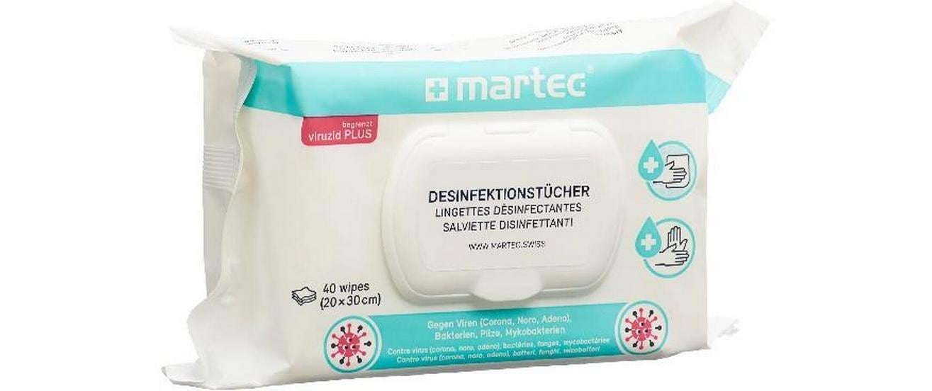 MARTEC Desinfektions-Reinigungstücher, feucht – für abwaschbare Oberflächen und Hände, weiss, 40 Stk.