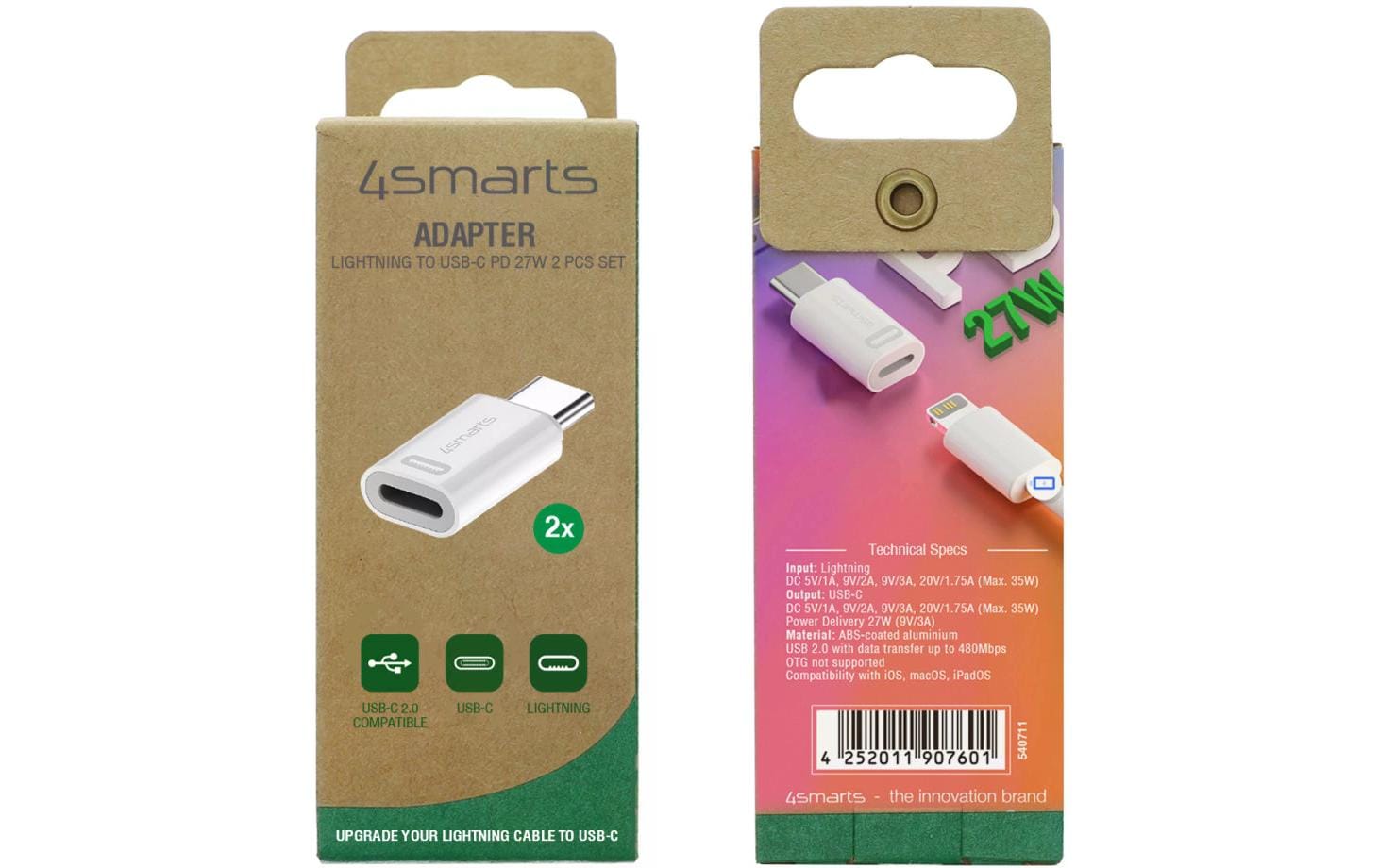 4smarts 540711 Adapter Lightning zu USB-C – USB 2.0 (480 Mbit/s), PD 27 W, 2er Set, Weiss