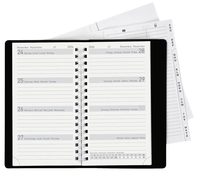 Biella Brüssel Agenda – 1 Woche/2 Seiten, Spiralbindung, 8,5 × 15,3 cm, 2026, Schwarz, FSC