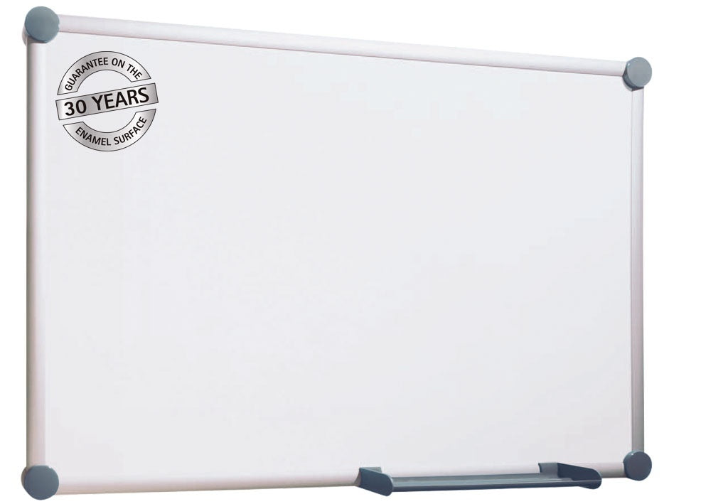 MAUL Whiteboard – 200 × 100 cm, Emaille, magnetisch, Alurahmen, inkl. Ablageschale, 8 Eckkappen (grau/blau)