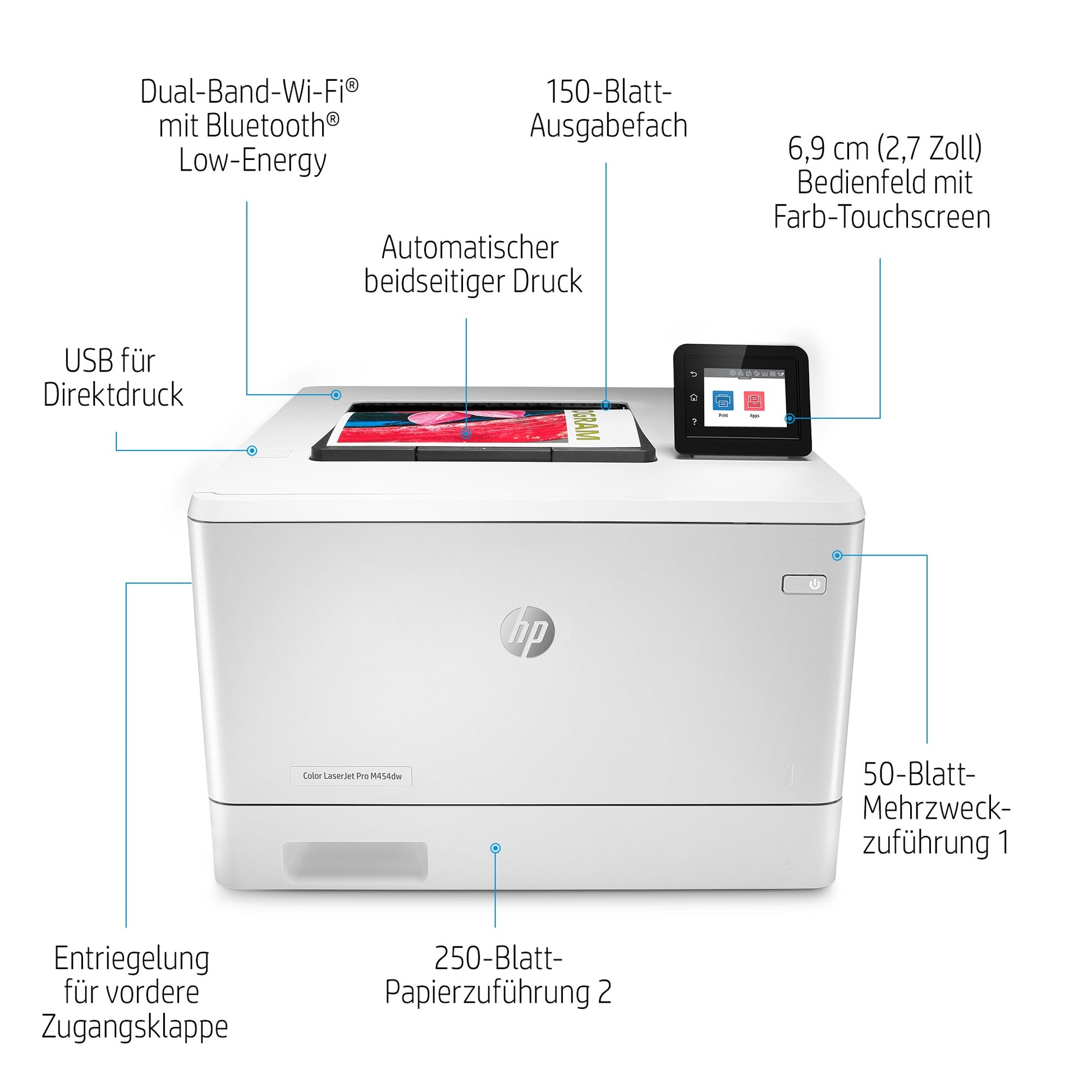 HP Color LaserJet Pro M454dw – A4, Farbe, Duplex, 27 S./Min., 600 × 600 dpi, WLAN/LAN/USB, Papier: 300 Blatt