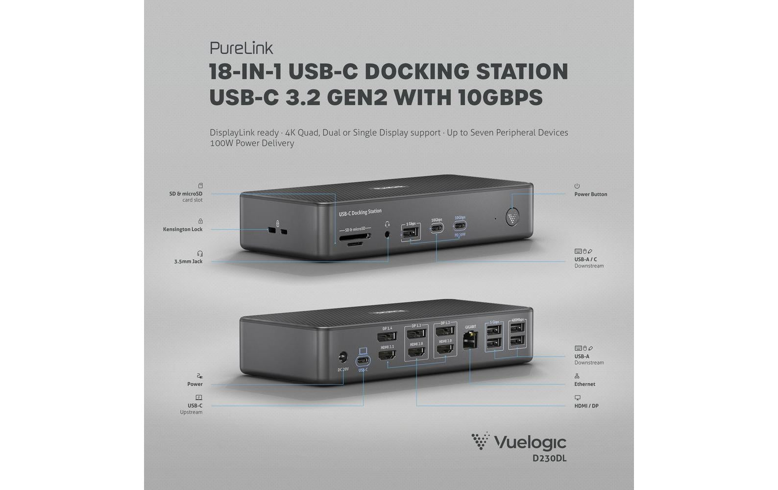 PureLink VL-D230DL Dockingstation – USB-C, 3× DP, 3× HDMI, 5× USB-A, 2× USB-C, 100 W PD, GbE, SD/microSD