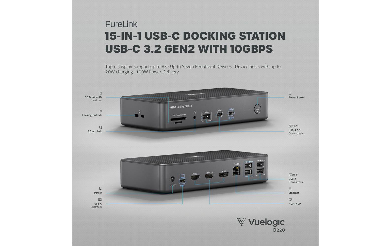 PureLink VL-D220 Dockingstation – USB-C, 2× DP, 2× HDMI, 3× USB-A, 2× USB-C, 100 W PD, Fast Ethernet