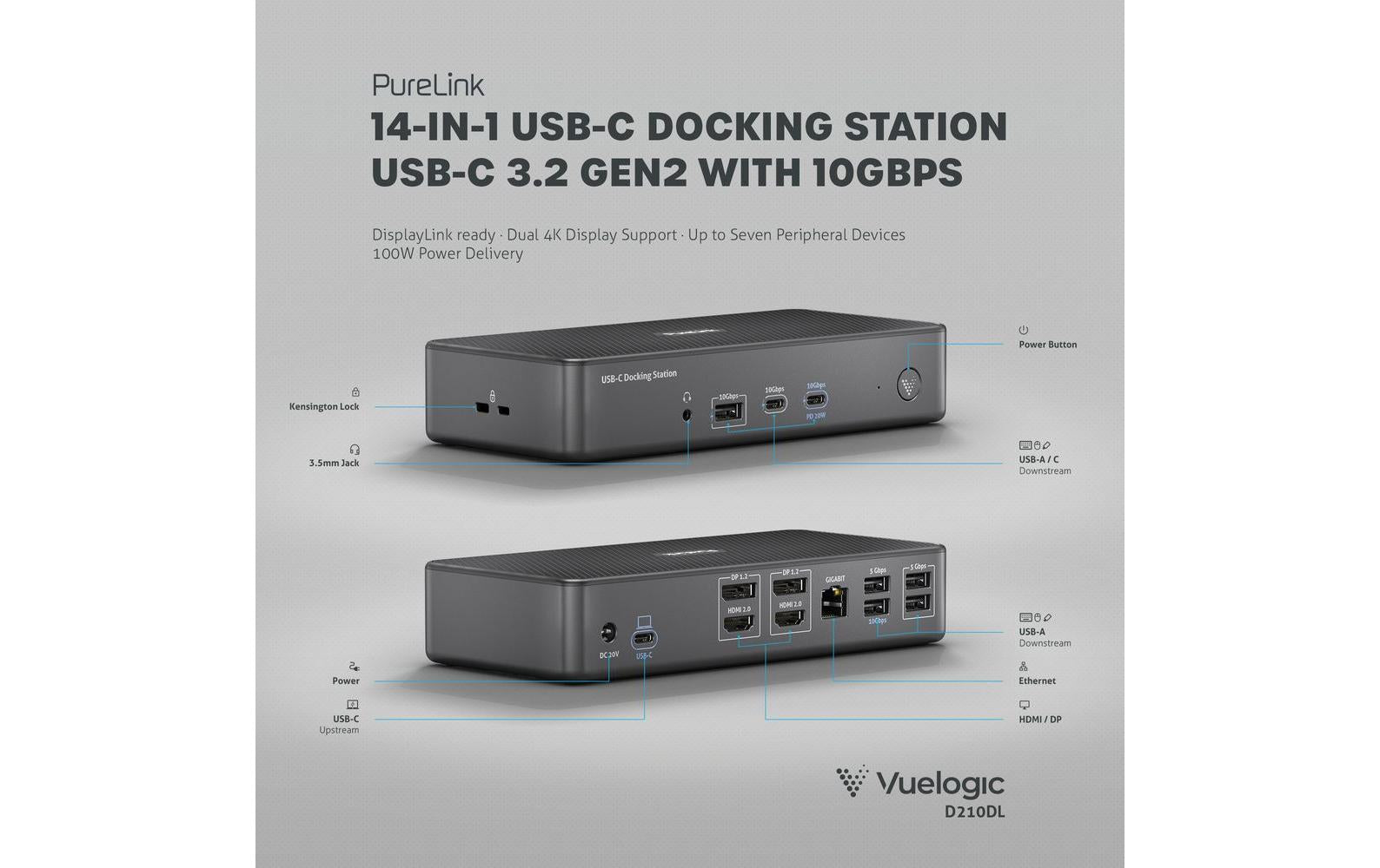 PureLink VL-D210DL Dockingstation – USB-C, 2× DP, 2× HDMI, 4× USB-A, 2× USB-C, 96 W PD, für Universalgeräte