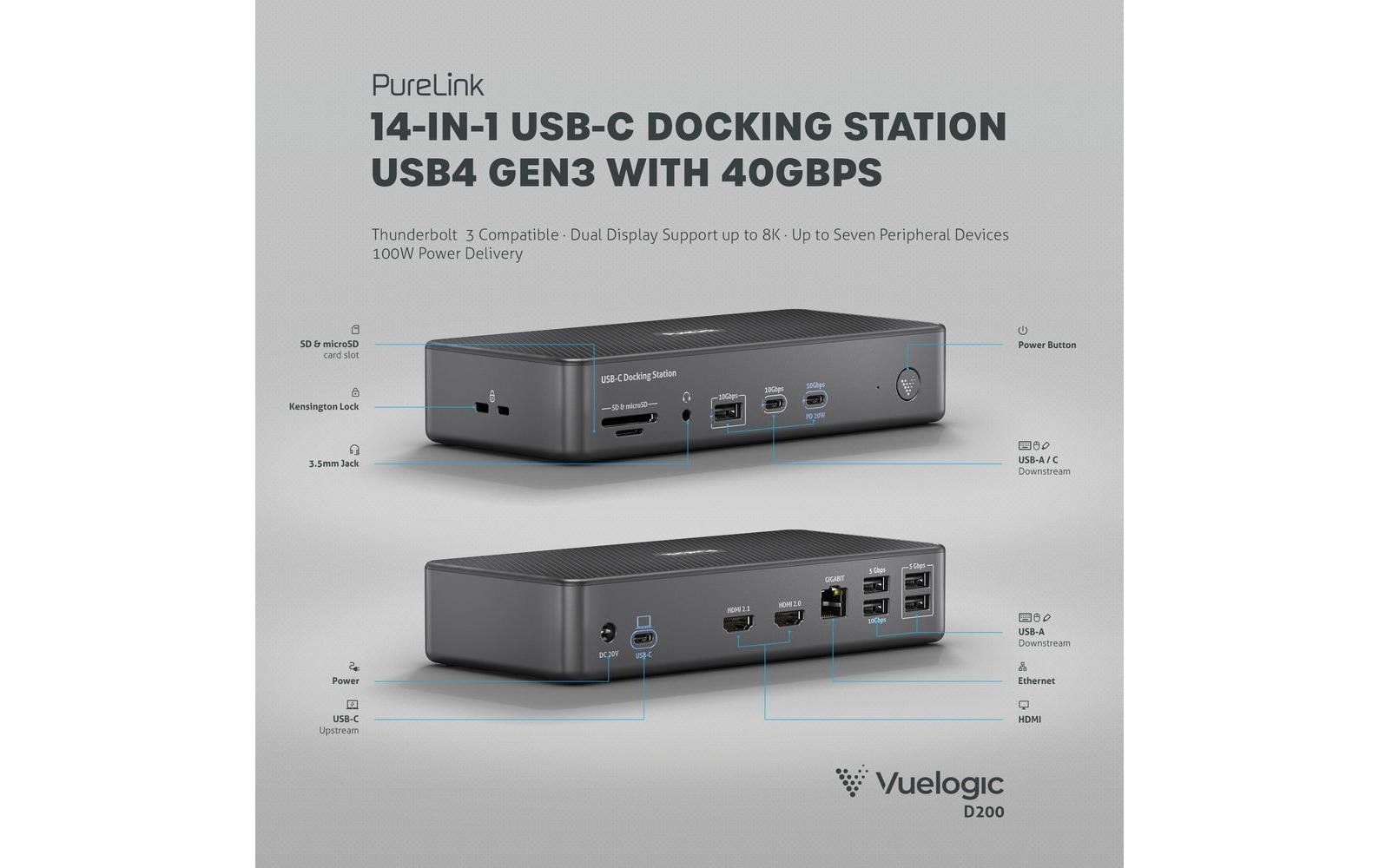 PureLink VL-D200 Dockingstation – USB4, 2× HDMI, 7× USB-A, 1× USB-C, 100 W PD, GbE, SD/microSD, 3,5 mm Audio
