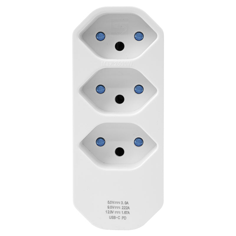 Steffen Steckdosenleiste, 4×T13, 1×USB-C, Stecker T12 (abgewinkelt), 320° drehbar – weiss