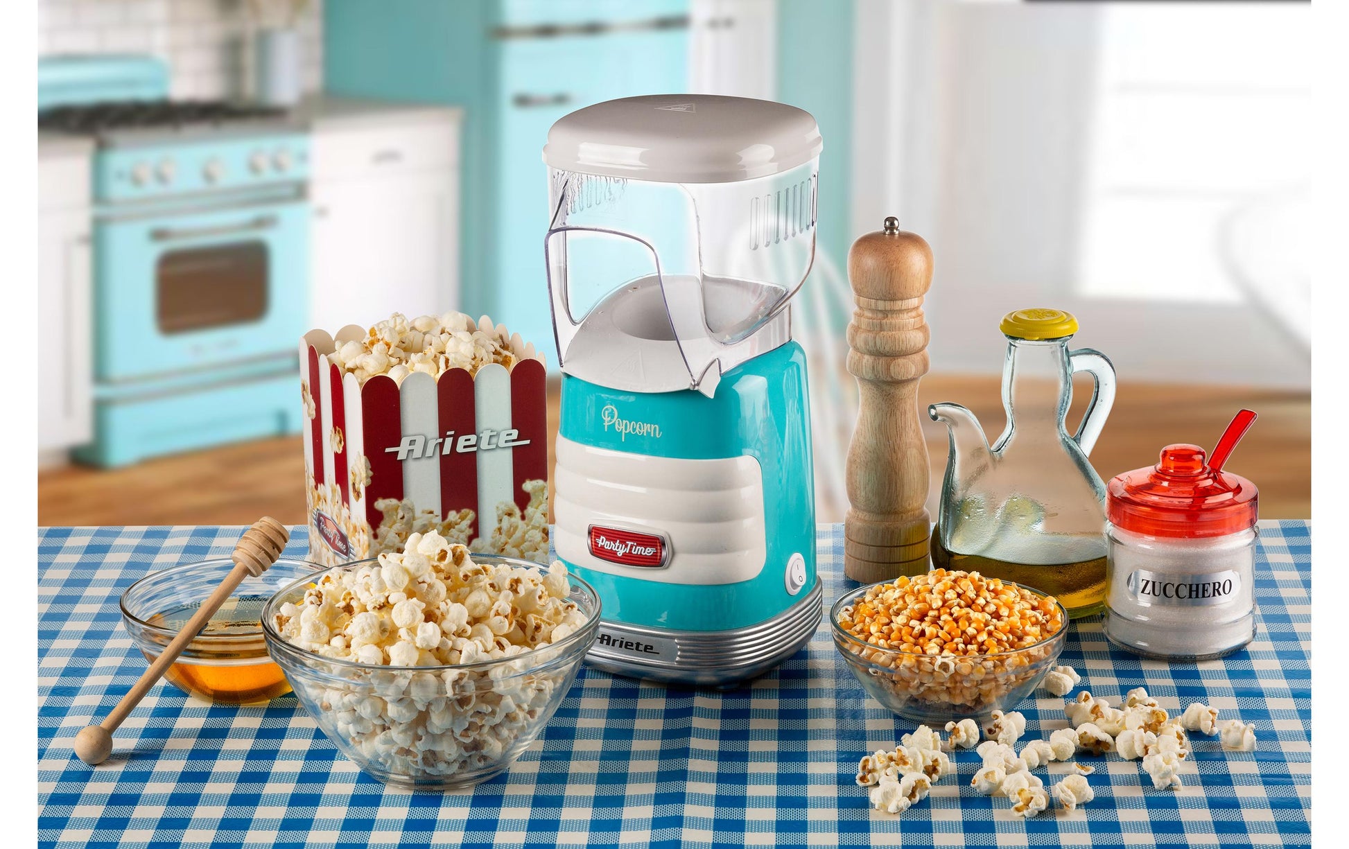 Ariete Popcornmaschine ARI-2956-BL – 60 g, Heissluft, 1100 W – Blau/Transparent