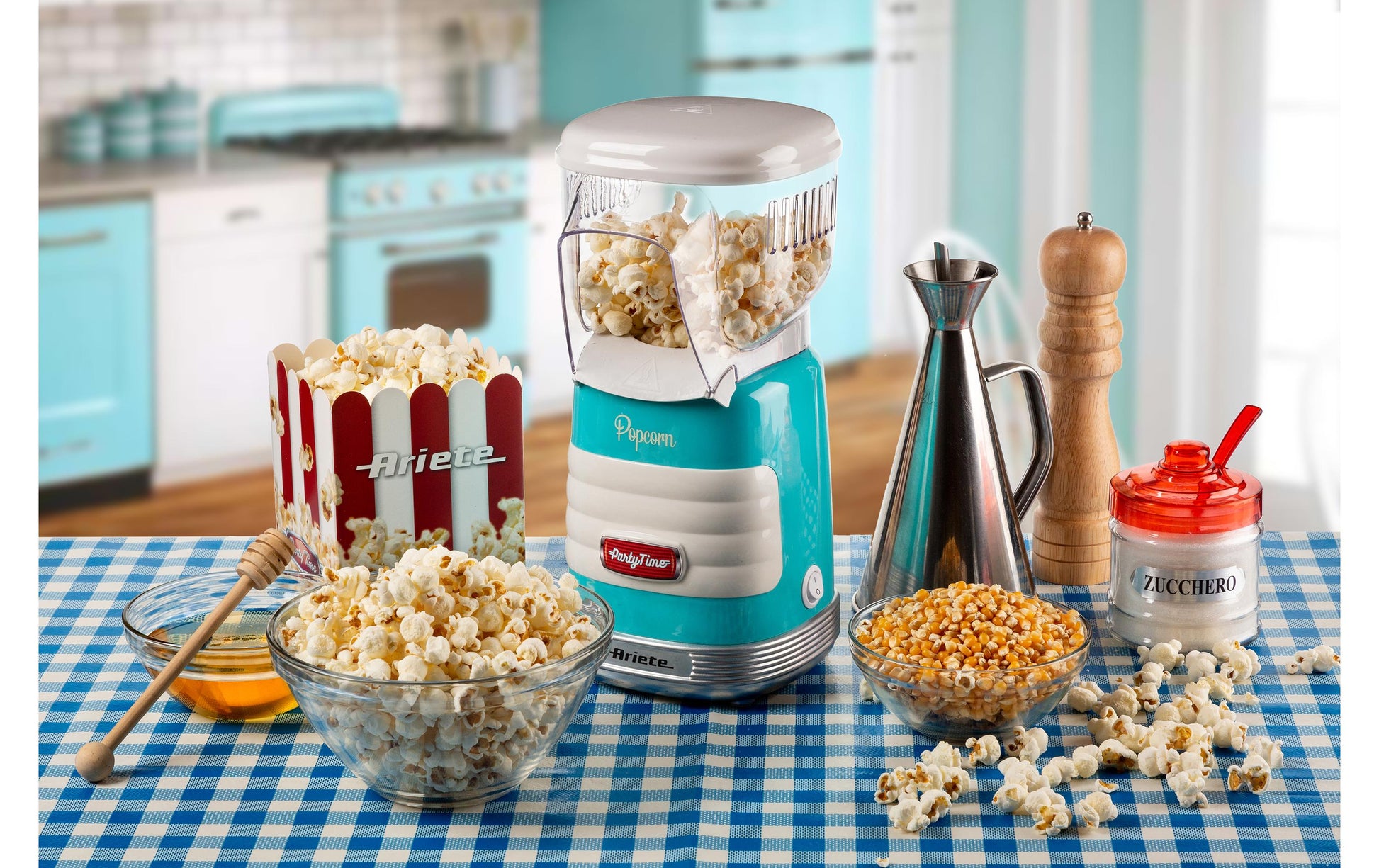 Ariete Popcornmaschine ARI-2956-BL – 60 g, Heissluft, 1100 W – Blau/Transparent