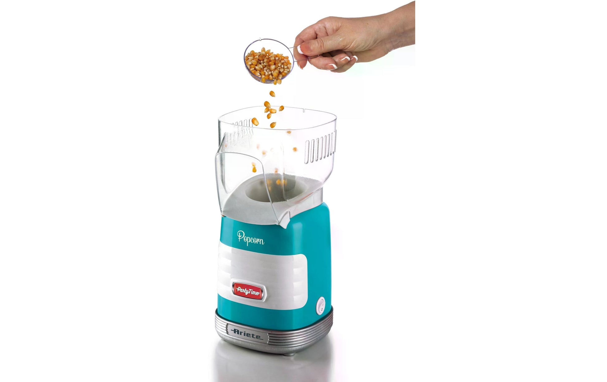 Ariete Popcornmaschine ARI-2956-BL – 60 g, Heissluft, 1100 W – Blau/Transparent
