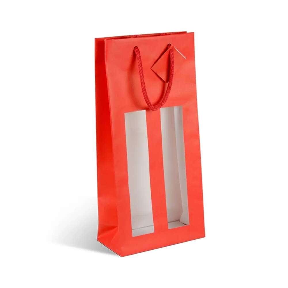 Brieger Flaschentüte Rot – 88 × 380 × 180 mm – mit Fenster – für 2 Flaschen