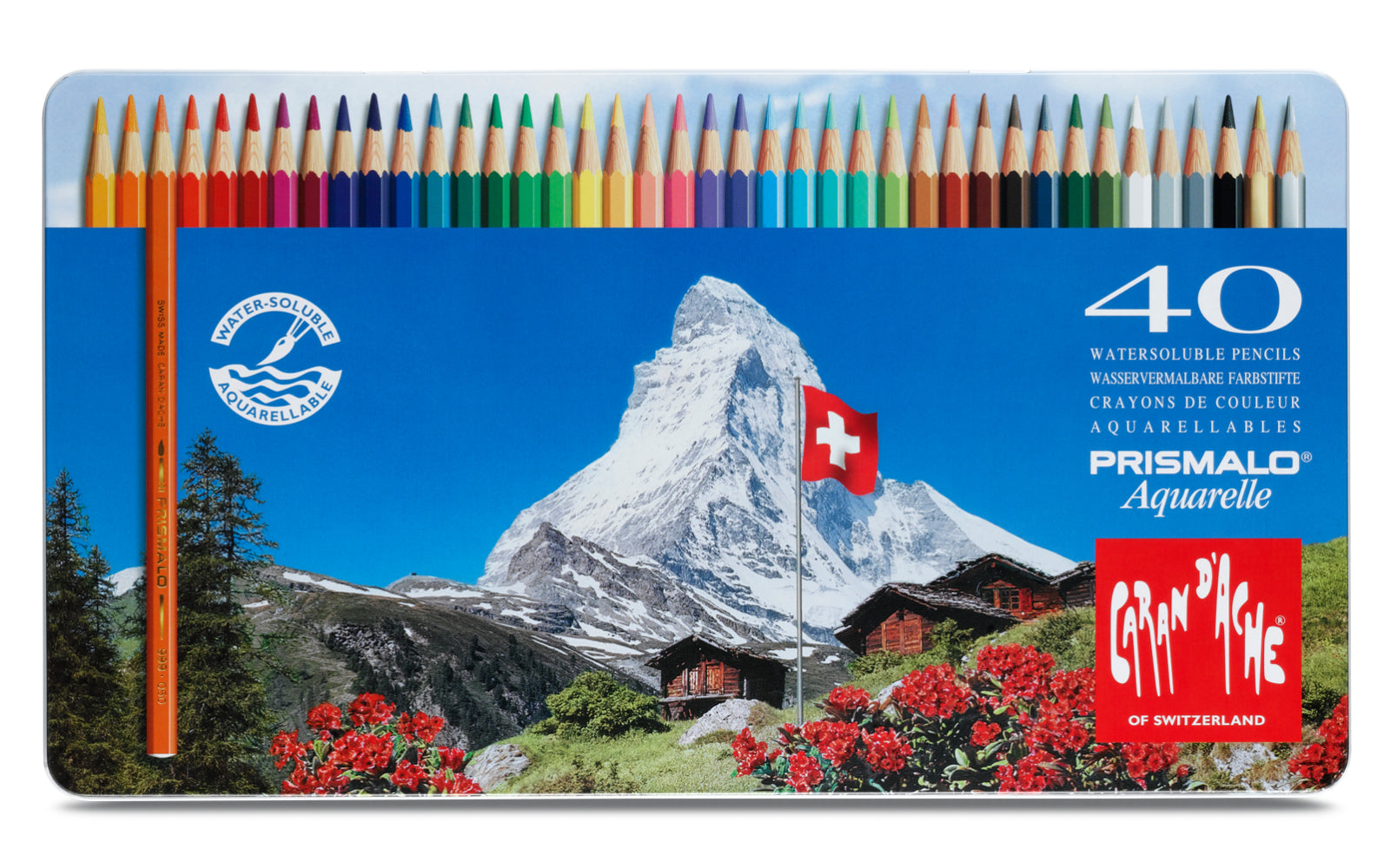 Caran d-Ache Caran d'Ache Prismalo Aquarellfarbstifte – 40 Farben, im Metalletui, Ø 3 mm, FSC