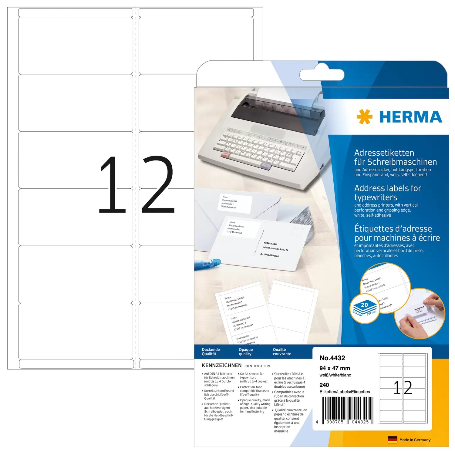 HERMA Adressetiketten, Lift-off-Qualität – für Schreibmaschinen bis 4 Durchschläge