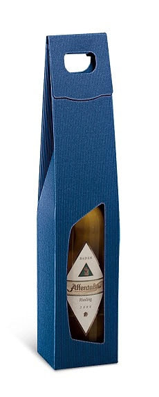 Brieger Weinpräsentkarton Blau – Innenmass 90 × 365 × 90 mm – Offene Welle – Für 1 Flasche – 1 Stk.