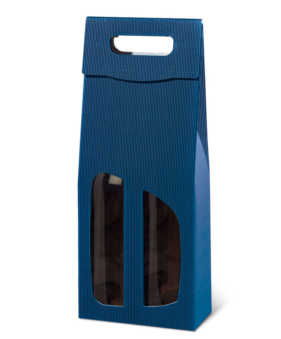 Brieger Weinpräsentkarton Blau, offene Welle – Innenmass 90 × 365 × 180 mm – für 2 Flaschen – 1 Stk.
