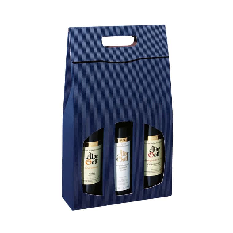 Brieger Weinpräsentkarton Blau – Innenmass 90 × 365 × 270 mm – für 3 Flaschen – 1 Stk.