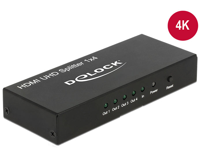 DeLOCK HDMI-Splitter – 4x HDMI, 4K UHD, aktiv – Schwarz, Metall