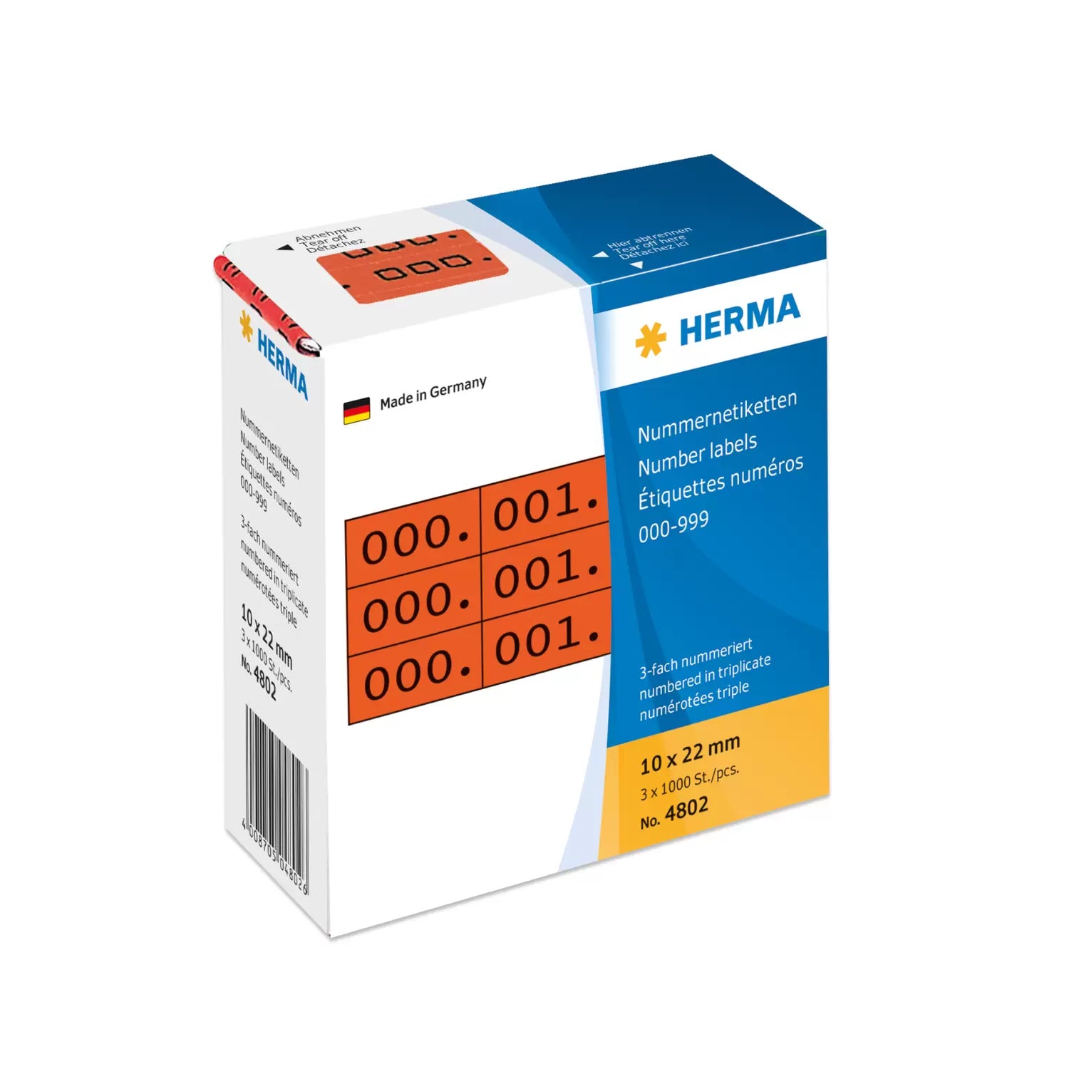 HERMA Nummernetiketten – rechteckig 10 × 22 mm, permanent, rot, nummeriert, 3 Rollen (3'000 Stk.)