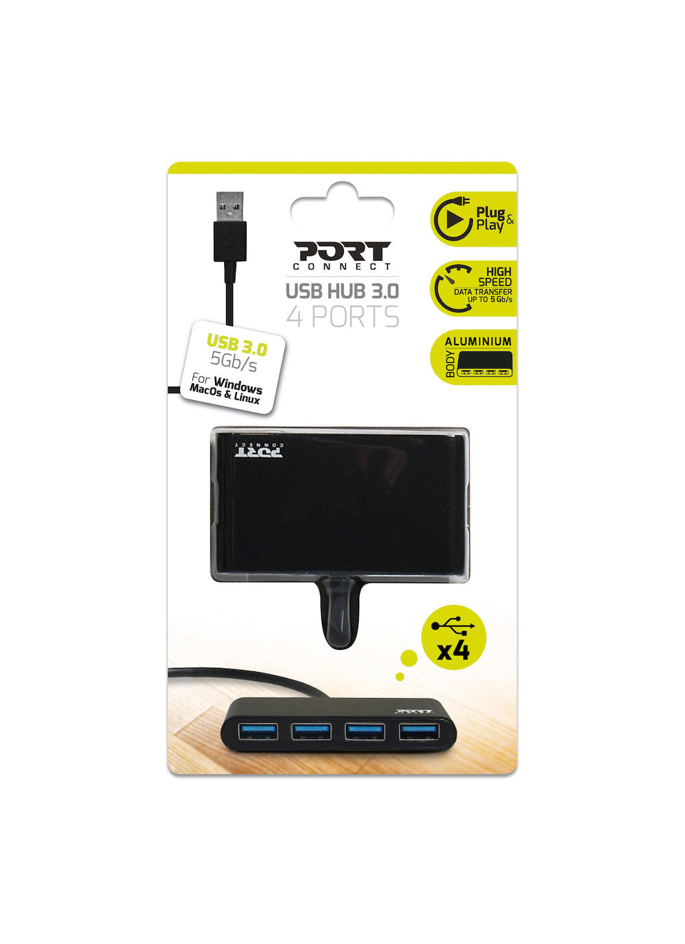 Port Designs 900121 USB-Hub – 4× USB-A, für Windows/Mac/Linux