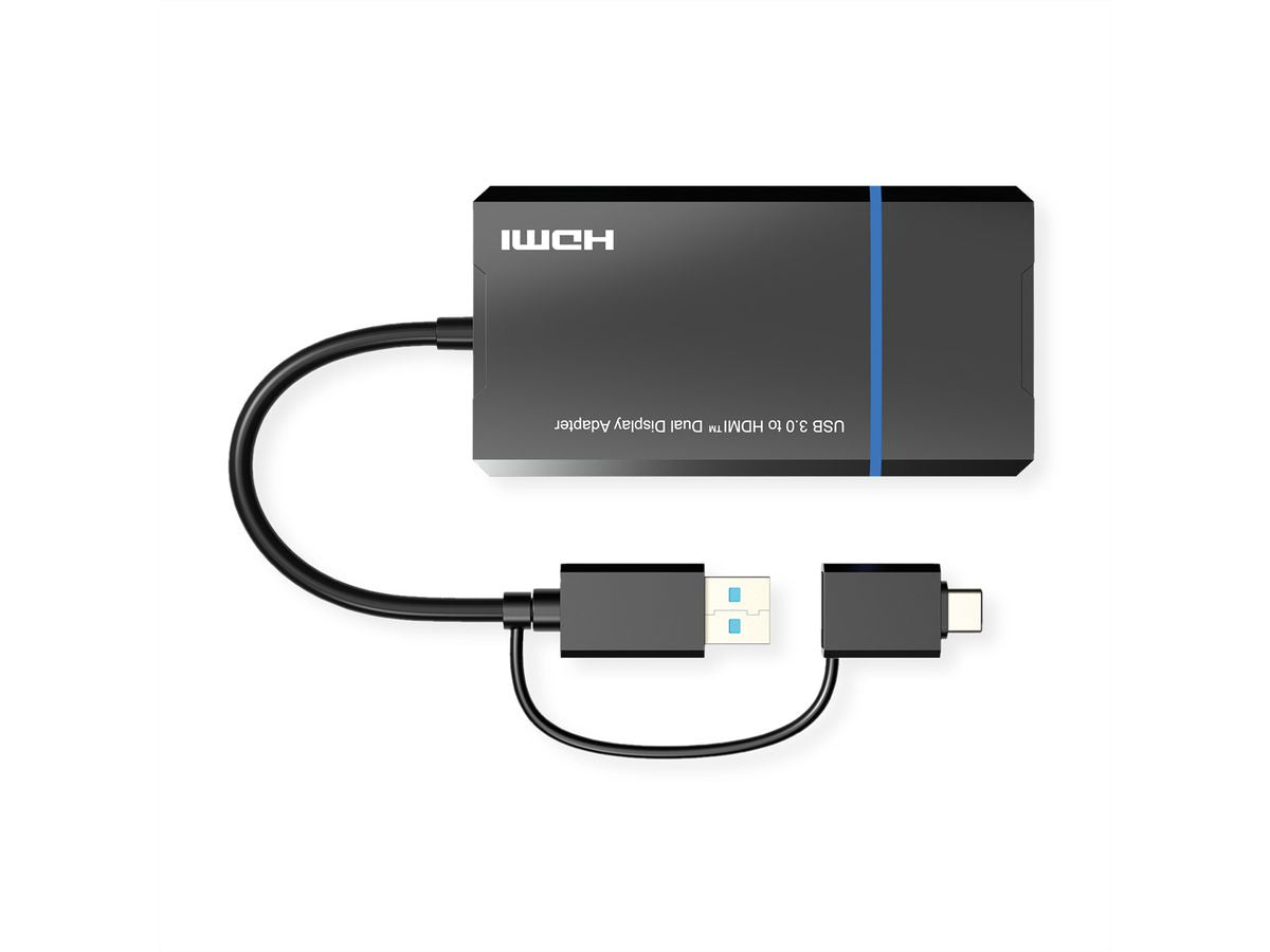 VALUE USB-A/USB-C Adapter zu 2× HDMI – 4K (3840 × 2160) @ 30 Hz + 1920 × 1080 @ 60 Hz, 0,15 m, USB 3.2 Gen 1