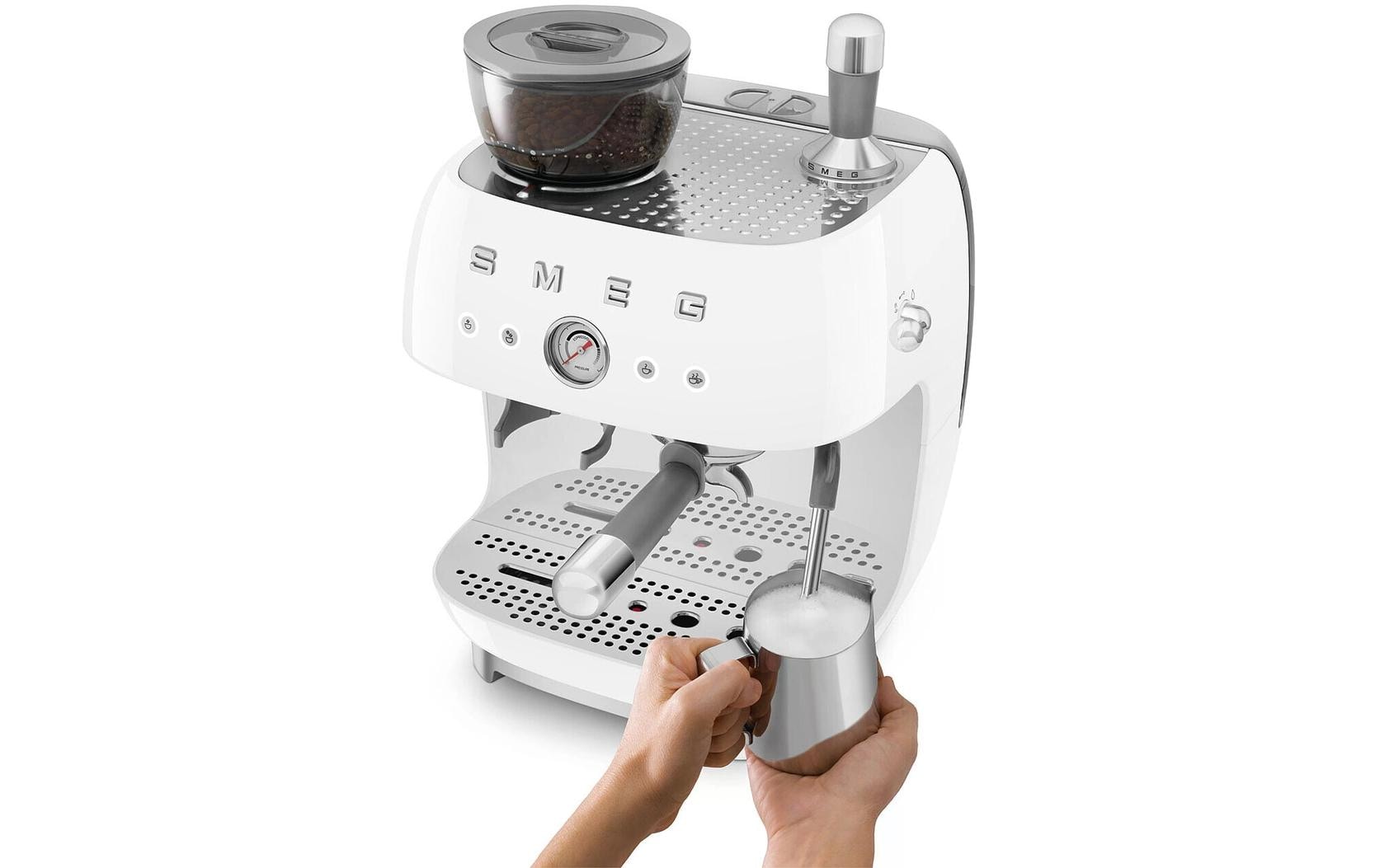 Smeg 50's EGF03WHEU Siebträgermaschine – 15 bar, 2,4 l, 250 g, Kegelmahlwerk, Weiss