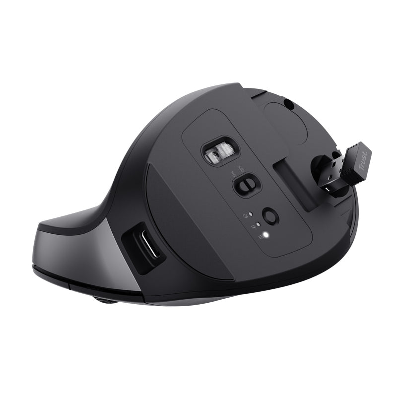 Trust Bayo+ Ergonomische Maus – kabellos, Bluetooth + 2,4 GHz (USB-A), 2'400 dpi, 6 Tasten, für Rechtshänder