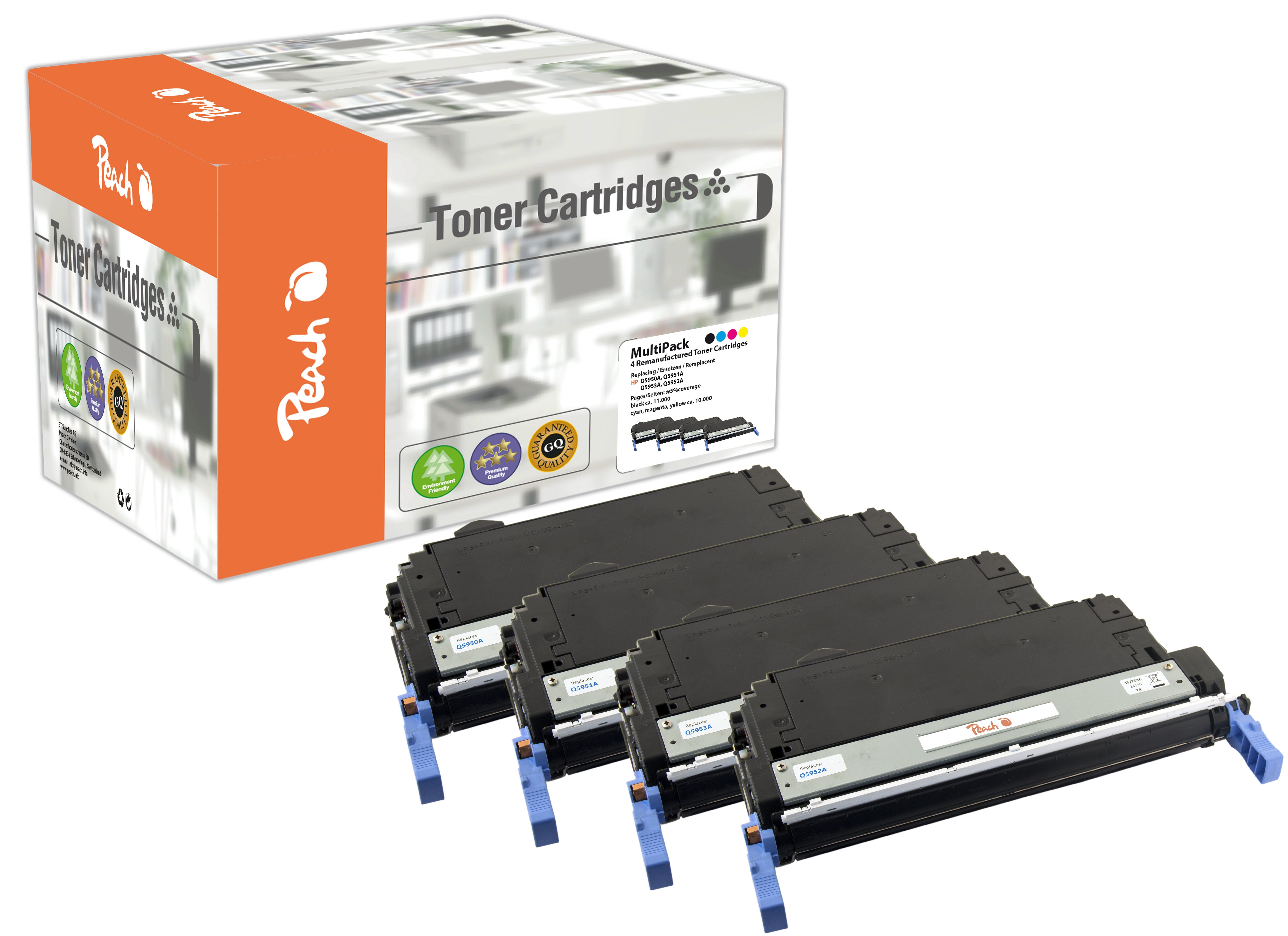 Peach Toner-Multipack 643A – BK/C/M/Y, schwarz 11000, C/M/Y 10000 Seiten – für HP Color LaserJet 4700 und andere
