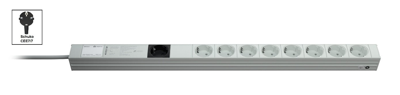 Vertiv Knürr Rack-PDU Basic 1U, einphasig 230 V 16 A, 9×T13, Eingang Schuko CEE7/7 – grau