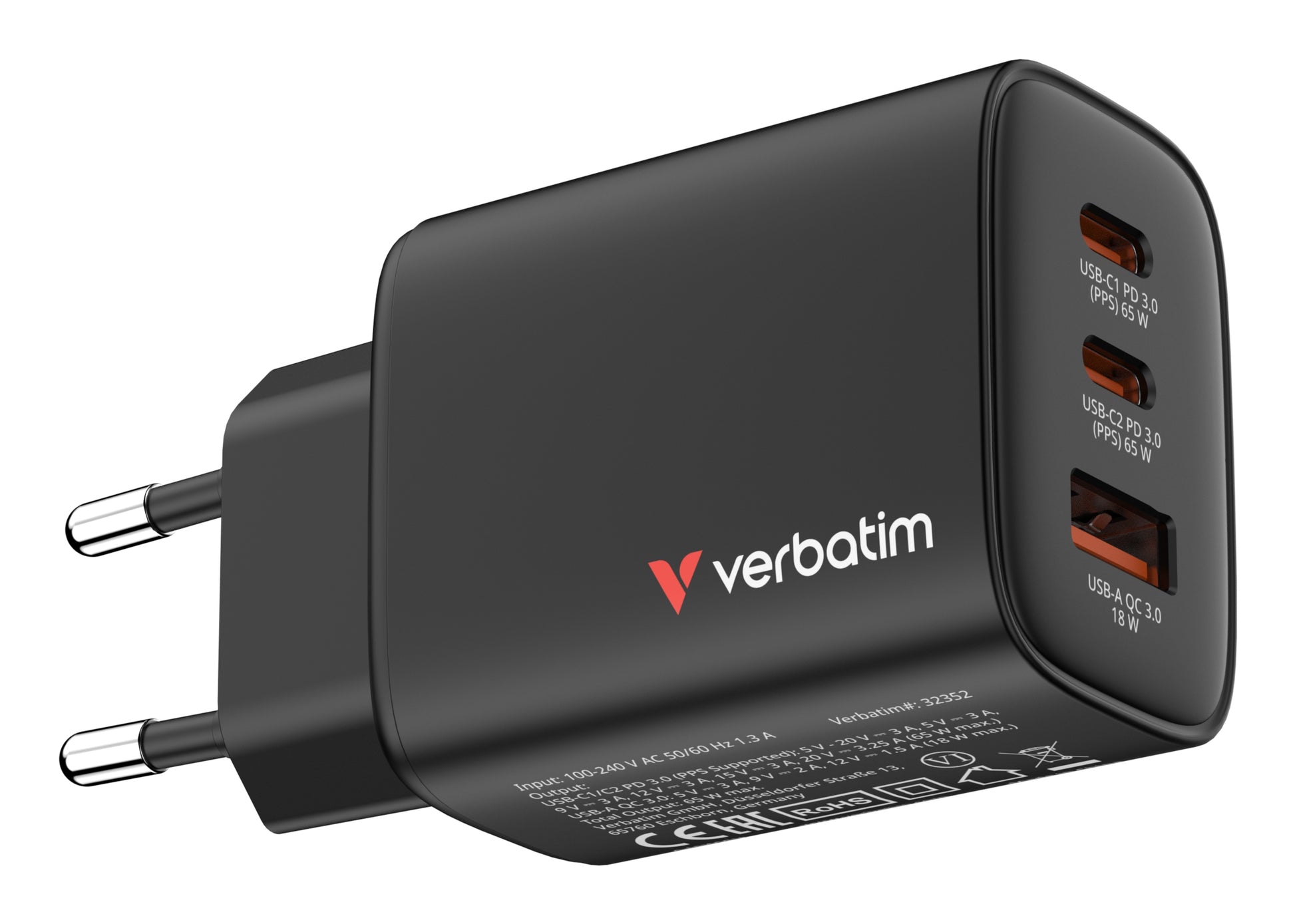 Verbatim Essentials USB-Ladegerät 65 W – USB-C×2, USB-A×1 – PD 3.0, QC 3.0, PPS, GaN – EU-Stecker (Typ C) – sc